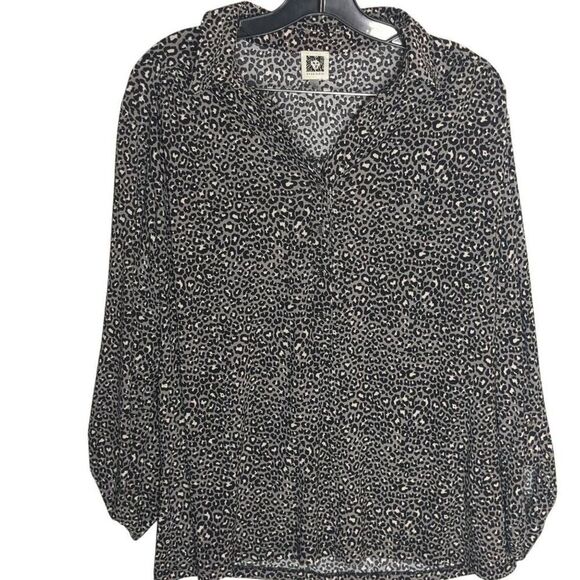 Anne Klein Gray Leopard Animal Print Button Front Blouse L Large - Picture 1 of 9